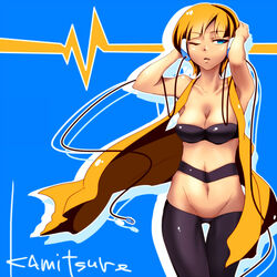  bad_id bad_pixiv_id blonde_hair blue_eyes breasts cleavage elesa_(pokemon) ex_hien female groin headphones medium_breasts midriff navel one_eye_closed pantyhose pokemon pokemon_bw solo 