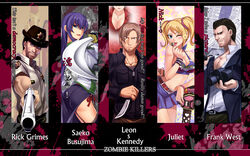  3boys 3girls :p ada_wong aiming aiming_at_viewer blonde_hair blue_eyes blush breasts brown_hair busujima_saeko camera candy chainsaw cheerleader cleavage clothes_writing commentary_request cowboy_hat crossover darkmaya dead_rising english_text engrish_text facial_hair food frank_west gun hair_ornament handgun hat highres highschool_of_the_dead holding holding_removed_eyewear i&#039;m_wet!_(meme) juliet_starling katana knife leon_s._kennedy licking lollipop lollipop_chainsaw long_hair looking_at_viewer medium_breasts meme midriff multiple_boys multiple_girls neta nick_carlyle one_eye_closed open_mouth panties photoshop_(medium) purple_hair ranguage red_panties resident_evil reverse_grip revolver rick_grimes school_uniform scrunchie short_hair side-tie_panties skirt smile star_(symbol) stubble sunglasses sword the_walking_dead thighhighs tongue tongue_out twintails underwear unworn_eyewear weapon 