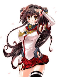  breasts brown_eyes brown_hair cherry_blossoms commentary_request female flower hair_flower hair_ornament jewelry kantai_collection large_breasts long_hair looking_at_viewer miniskirt morozumi_junka photoshop_(medium) pleated_skirt ponytail ring salute simple_background single_thighhigh skirt smile solo thighhighs very_long_hair wedding_ring white_background yamato_(kancolle) 