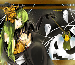  1boy black_gloves black_hair c.c. cc cloak code_geass cosplay elbow_gloves fangs female female ghost gloves green_hair halloween hat hug jack-o&#039;-lantern lelouch_lamperouge long_hair male pumpkin purple_eyes short_hair staff vampire witch witch_hat witchonly yellow_eyes 