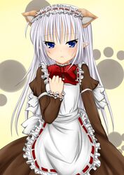  animal_ears apron blue_eyes bow cat_ears commentary_request extra_ears female long_hair maid maid_apron paw_print paw_print_background pointy_ears primula red_bow shuffle! solo t_(dyuhuhudyukusi) very_long_hair white_hair 