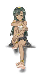  anklet armlet bad_id bad_pixiv_id bandeau bangle bare_legs bare_shoulders barefoot black_hair blunt_bangs bracelet choker closed_mouth collar collarbone dark-skinned_female dark_skin expressionless feet female full_body hairband highres jewelry long_hair looking_at_viewer original sarong shadow simple_background soles solo souji_kurokawa strapless tan toe_ring toes tribal tube_top white_background yellow_eyes 