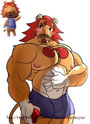  animal_crossing anthro big_muscles bottomwear bulge clothed clothing demondragoncyan facial_hair felid hi_res huge_muscles lion male mammal moustache muscular muscular_anthro muscular_male nintendo pantherine rory_(animal_crossing) shorts simple_background solo spandex spandex_shorts tight_bottomwear tight_clothing tight_shorts topless 