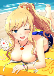  :d aizawa_u-ji barefoot beach beach_towel bikini blonde_hair blue_eyes bracelet breasts cleavage commentary_request day denim denim_shorts earrings female idolmaster idolmaster_cinderella_girls jewelry large_breasts long_hair looking_at_viewer lotion lotion_bottle lying necklace ocean ohtsuki_yui on_stomach one_eye_closed open_mouth ponytail shorts side-tie_bikini_bottom smile solo sunscreen swept_bangs swimsuit towel 