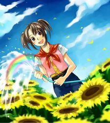  artist_request brown_hair female female flower harvest_moon hose looking_at_viewer lowres nature open_mouth outdoors sky smile solo sunflower tina_(harvest_moon) 