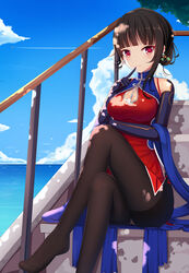  black_hair black_pantyhose blue_gloves blue_sky china_dress chinese_clothes cleavage_cutout clothing_cutout cloud commentary_request crossed_legs day dress earrings elbow_gloves eyes_visible_through_hair female finger_to_mouth gloves highres index_finger_raised jewelry looking_at_viewer muq outdoors panties panties_under_pantyhose pantyhose photoshop_(medium) red_dress red_eyes short_dress sidelocks sitting sky smile solo tied_hair underwear warship_girls_r yat_sen_(warship_girls_r) 