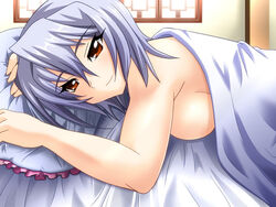  bed bed_sheet breasts commentary_request female kayuu koihime_musou large_breasts looking_at_viewer lying naked_sheet on_bed pillow pov_across_bed red_eyes sideboob silver_hair smile solo under_covers yagami_(mukage) 