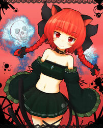  adapted_costume alternate_costume animal_ears bandeau bare_shoulders blunt_bangs braid cat_ears cat_tail collar commentary_request detached_sleeves female floating_skull highres jpeg_artifacts kaenbyou_rin komeiji_koishi komeiji_satori looking_at_viewer midriff multiple_tails navel okaasan_to_issho red_eyes red_hair reiuji_utsuho shiro_tsugumi skull smile solo spoo tail thighhighs touhou twin_braids twintails 