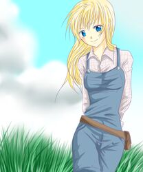  artist_request blonde_hair blue_eyes claire_(harvest_moon) female female harvest_moon nature outdoors sky smile solo 