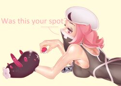  bandana_over_mouth beret chain_necklace english eyeshadow female glo-s-s hat holding holding_poke_ball lying makeup on_stomach pink_hair poke_ball pokemon pokemon_(game) pokemon_sm pyukumuku simple_background sleeveless team_skull team_skull_grunt 