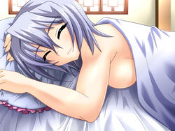  bed bed_sheet breasts closed_eyes commentary_request female frilled_pillow frills grey_hair kayuu koihime_musou large_breasts lying pillow sideboob smile solo yagami_(mukage) 