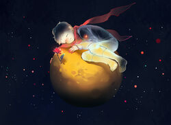  1boy black_hair black_shirt closed_eyes commentary flower french_commentary giant giant_male heart highres le_petit_prince long_sleeves lying male_focus night night_sky on_mini_planet original pants planet red_scarf rose scarf sevten_(ashkeroth) shirt sky solo star_(sky) starry_sky 