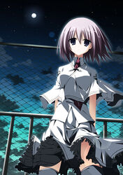  bad_id bad_pixiv_id chain-link_fence female fence full_moon kine-c moon night otonashi_ayana purple_eyes purple_hair school_uniform short_hair sky solo subarashiki_hibi thighhighs 