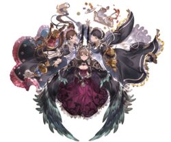  3girls apron boots breasts brown_hair cape claudia_(granblue_fantasy) cleavage constance_(granblue_fantasy) cross-laced_footwear cup dorothy_(granblue_fantasy) dress flamethrower food gauntlets glasses granblue_fantasy hair_bun hair_ornament holding juliet_sleeves kneeling long_hair long_sleeves looking_at_viewer maid maid_apron maid_headdress medium_breasts minaba_hideo multiple_girls official_art one_eye_closed open_mouth pastry puffy_long_sleeves puffy_sleeves purple_eyes short_hair single_hair_bun smile teacup teapot thighhighs transparent_background twintails underbust weapon white_apron white_legwear 