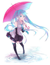  absurdres aqua_eyes aqua_hair bad_id bad_pixiv_id boots commentary_request detached_sleeves dlei female full_body hatsune_miku highres long_hair necktie skirt smile solo thigh_boots thighhighs twintails umbrella very_long_hair vocaloid white_background 