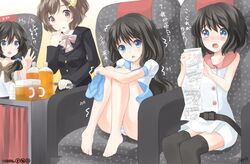  4girls :o ^^^ aircraft airplane airplane_interior bad_id bad_pixiv_id bare_legs barefoot black_hair black_legwear blazer blue_eyes blush bottle bow bowtie brown_eyes brown_hair buttons chair creative_commons cup d: dress english_text engrish_text feet flight_attendant galley_cart hair_ornament hair_over_shoulder hairclip hand_to_own_mouth holding holding_shoes hugging_own_legs jacket japan_airlines knees_to_chest long_sleeves looking_at_another multiple_girls nose_blush open_mouth original outstretched_hand pamphlet panties pantyshot pitcher_(container) ranguage retorillo saine_(retorillo) sandals seatbelt serving_cart shoes short_dress short_hair short_sleeves signa_(retorillo) sitting skirt sleeveless sleeveless_dress star_(symbol) striped_clothes striped_panties thighhighs translated travel_attendant trembling turn_pale underwear uniform unworn_sandals vault_boy white_dress 