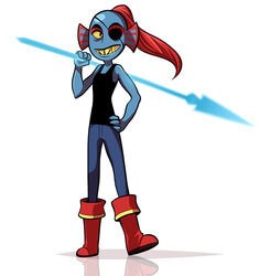  2015 blue_body blue_skin boots clothed clothing cubewatermelon eye_patch eyewear female fish footwear hair hand_on_hip marine melee_weapon pink_hair polearm sharp_teeth shirt simple_background solo spear tank_top teeth topwear undertale undertale_(series) undyne weapon white_background yellow_eyes 