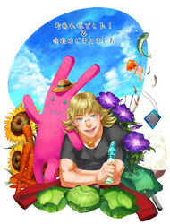  1boy bad_id bad_pixiv_id barnaby_brooks_jr. blonde_hair bottle cabbage carrot day fish flower flying_fish glasses goldfish green_eyes hand_fan hat holding holding_bottle male_focus morning_glory paper_fan purple_flower sky solo straw_hat sun_hat sunflower tiger_&amp;_bunny tsushima_shuu uchiwa yellow_flower 