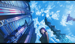  arsenixc bird building citadel cloud commentary_request day female foreshortening fortress from_below highres isle_of_winds letterboxed purple_eyes purple_hair scenery short_hair sky solo yumi_(isle_of_winds) 