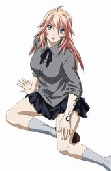  female grey_eyes ikkitousen long_hair looking_at_viewer open_mouth pink_hair shibai_chuutatsu sitting skirt socks solo tattoo 