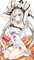  armpits arms_behind_head barefoot blue_eyes bracelet commentary cosplay croissant dress euryale_(fate) euryale_(fate)_(cosplay) fate/grand_order fate_(series) female food hamaken._(novelize) highres jewelry long_hair macaron marie_antoinette_(fate) marie_antoinette_(third_ascension)_(fate) necklace solo strapless strapless_dress twintails white_hair 