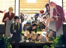  6+boys ^_^ all_fours aqua_hair arm_tattoo bad_id bad_pixiv_id black_gloves black_hair blonde_hair blue_eyes blush bottle broom brown_hair cheek_poking chopsticks closed_eyes cup drooling drunk eyepatch food fudou_yukimitsu glasses gloves grin hakama hakama_skirt hakata_toushirou heshikiri_hasebe highres holding holding_chopsticks ichigo_hitofuri japanese_clothes jirou_tachi kasen_kanesada ko-man loose_necktie lying male_focus mikazuki_munechika multiple_boys necktie nihongou_(touken_ranbu) on_side onigiri ookurikara pink_hair poking purple_eyes purple_hair sakazuki shokudaikiri_mitsutada shorts sitting skirt sliding_doors smile souza_samonji suspenders table tarou_tachi tattoo tempura touken_ranbu track_suit tray tsurumaru_kuninaga white_hair yagen_toushirou yamanbagiri_kunihiro 