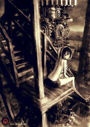  back black_hair breasts chinese_commentary commentary_request drink female from_behind gears highres juice_box light_smile looking_back machine original robce_lee sepia short_hair shorts sideboob sitting small_breasts solo stairs topless 