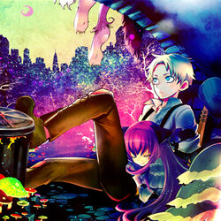  1boy animal_ears babe_ruth baseball_bat blonde_hair blue_eyes boots cat_ears cityscape closed_eyes couple female imawano_lem lap_pillow le_chat long_hair lowres mao_(shiei_no_sona-nyl) mushroom purple_hair shiei_no_sona-nyl shirt short_hair sleeping steampunk_(liarsoft) straight suspenders tail trash_can 