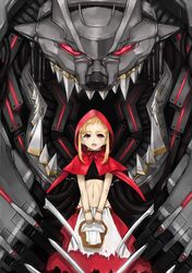  :d basket big_bad_wolf blonde_hair bracelet capelet commentary_request crop_top female flat_chest glowing glowing_eyes grimm&#039;s_fairy_tales highres holding holding_basket hood hood_up jewelry little_red_riding_hood little_red_riding_hood_(grimm) madarame mecha mechanization navel open_mouth red_capelet red_eyes red_skirt robot science_fiction sharp_teeth short_hair sidelocks skirt smile teeth torn_clothes torn_skirt 