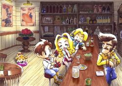  3boys blonde_hair bolero brown_eyes brown_hair cropped_jacket female griffin_(harvest_moon) harvest_moon jack_(harvest_moon) muffy_(harvest_moon) multiple_boys official_art rock_(harvest_moon) 