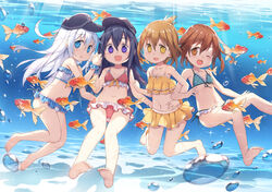  4girls :d akatsuki_(kancolle) animal barefoot bikini bikini_skirt black_hat blue_bikini blue_eyes brown_eyes brown_hair commentary_request fish flat_cap folded_ponytail fred04142 goldfish hair_between_eyes hat hibiki_(kancolle) holding_hands ikazuchi_(kancolle) inazuma_(kancolle) kantai_collection locked_arms long_hair multiple_girls oerba_yun_fang one_eye_closed open_mouth photoshop_(medium) polka_dot polka_dot_bikini purple_eyes purple_hair red_bikini short_hair smile swimsuit underwear white_hair yellow_bikini 