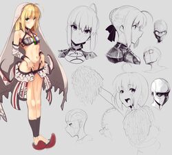  ahoge altera_(fate) altera_(fate)_(cosplay) artoria_pendragon_(fate) bare_shoulders blonde_hair boa_(brianoa) breasts closed_mouth commentary cosplay fate/extella fate/extra fate/extra_ccc fate/stay_night fate_(series) female green_eyes highres long_hair multiple_views navel pom_pom_(clothes) revealing_clothes saber_(fate) short_hair simple_background small_breasts veil 