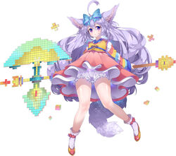  ahoge animal_ears axe battle_axe bloomers blue_bow blush bow commentary deathalice elin_(tera) eyebrows_visible_through_hair fox_ears fox_tail full_body hair_between_eyes hairbow hanbok head_tilt highres holding holding_axe holding_weapon korean_clothes long_sleeves looking_at_viewer low_twintails parted_lips pink_footwear purple_eyes purple_hair shoes simple_background socks solo tail tera_online traditional_clothes twintails underwear weapon white_background white_legwear 