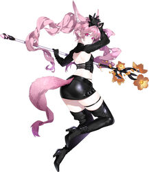  animal_ears arm_up belt_boots black_bow black_footwear black_gloves black_legwear black_skirt boots bow choker deathalice elbow_gloves elin_(tera) eyebrows_visible_through_hair floating_hair fox_ears fox_tail from_behind from_side full_body gloves hair_between_eyes high_heel_boots high_heels highres holding holding_staff leather leather_boots leather_skirt long_hair long_sleeves looking_at_viewer looking_back pink_eyes pink_hair priest simple_background skirt solo staff tail tera_online thigh_boots thigh_strap thighhighs twintails very_long_hair white_background 