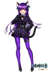  :d animal_ears bad_id bad_pixiv_id black_gloves black_jacket briska cat_ears cat_tail fangs female floating_hair full_body gloves grey_scarf hand_on_own_hip jacket long_hair long_sleeves looking_at_viewer open_mouth original pantyhose polka_dot polka_dot_scarf purple_eyes purple_hair purple_pantyhose scarf smile solo standing tail very_long_hair 