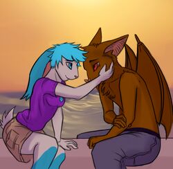  anthro bat batnbun blue_body blue_eyes blue_fur blue_hair bodily_fluids breasts clothed clothing crying detailed_background digital_media_(artwork) duo ethelas female fur hair lagomorph leaf-nosed_bat leporid male male/female mammal membrane_(anatomy) membranous_wings microbat rabbit small_breasts smile sunset tears topless vampire_bat white_body white_fur wings yangochiropteran 