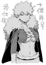  2nd_popularity_poll_(boku_no_hero_academia) alternate_costume bakugou_katsuki belt boku_no_hero_academia breasts cape center_opening commentary_request cowboy_shot crop_top earrings female fur-trimmed_cape fur_trim genderswap_(mtf) greyscale jewelry large_breasts long_sleeves looking_at_viewer maneki-neko_(fujifuji) midriff monochrome navel parted_lips rule_63 short_hair skirt solo spiked_hair toned underboob 