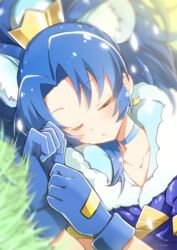  animal_ears blue_choker blue_gloves blue_hair choker commentary_request crown cure_gelato earrings extra_ears female gloves gold_crown grass jewelry kirakira_precure_a_la_mode lion_ears magical_girl mini_crown open_mouth pointed_crown precure sleeping solo sunlight tategami_aoi yuto_(dialique) 