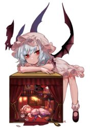  absurdres bare_legs bat_wings bent_over black_footwear blue_hair bobby_socks card character_doll commentary curtains doll_house female flandre_scarlet full_body hat highres izayoi_sakuya long_hair looking_at_viewer mary_janes mob_cap nail_polish patchouli_knowledge playing_card red_carpet red_eyes red_nails remilia_scarlet shan shoes simple_background sitting socks solo touhou white_background white_socks wings 