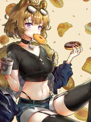  absurdres animal_ears bear_ears bear_girl black_neckwear black_shirt black_thighhighs blue_jacket blue_shorts brown_hair chocolate_doughnut commentary cup doughnut eyewear_on_head female food food_in_mouth girls&#039;_frontline grizzly_mkv_(girls&#039;_frontline) grizzly_mkv_(teddy_transform!)_(girls&#039;_frontline) highres holding holding_food jacket long_hair looking_at_viewer mug official_alternate_costume purple_eyes shirt shorts sitting solo symbol-only_commentary tanjel thigh_strap thighhighs 