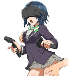  artist_request blue_hair blush female gamers! grabbing hoshinomori_chiaki school_uniform short_hair virtual_reality vr_visor 