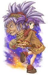  2girls abe_kanari age_comparison broom brown_dress brown_footwear commentary_request dark_chronicle dress dual_persona full_body green_eyes highres holding holding_broom lin_(dark_chronicle) looking_at_viewer multiple_girls old old_woman photoshop_(medium) purple_hair shoes short_hair smile standing standing_on_one_leg twintails 