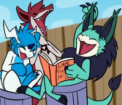  black_body black_fur blitzdrachin book conditional_dnp day dragon english_text fur green_body green_fur group humor lamneus laugh meme mythological_creature mythological_scalie mythology open_mouth outside praimortis scalie sifyro sky tail teeth text tongue zephyr_the_praimortis 