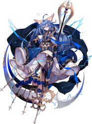  armor armored_boots black_legwear blue_eyes blue_hair blush boots breastplate cape closed_mouth commentary deathalice dress elin_(tera) eyebrows_visible_through_hair full_body garter_straps gauntlets hair_between_eyes head_tilt highres holding holding_weapon long_hair looking_at_viewer scythe simple_background solo sparkle tera_online thighhighs very_long_hair weapon white_background 