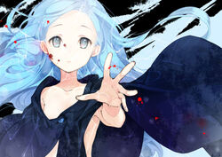  blood blood_on_face blue_eyes blue_hair cape commentary_request female fingernails flat_chest kunagisa_tomo kuusou_ryodan long_hair looking_at_viewer outstretched_arm parted_lips reaching reaching_towards_viewer solo upper_body wind zaregoto_series 