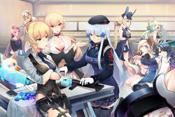  6+girls animal_ears art556_(girls&#039;_frontline) bare_shoulders belt belt_buckle beret black_gloves black_hair blonde_hair blue_eyes blue_hair blue_necktie blunt_bangs breasts buckle c-ms_(girls&#039;_frontline) can cat_ears choker cleavage collared_shirt colt_revolver_(girls&#039;_frontline) commentary_request convenient_censoring corset cowboy_hat crop_top crossed_arms diamond_(gemstone) drink_can g41_(girls&#039;_frontline) gem girls&#039;_frontline gloves gradient_hair green_eyes green_hair green_ribbons grey_hair gun hair_ribbon hat hk416_(girls&#039;_frontline) holding holding_can indoors large_breasts long_hair long_sleeves menpo midriff miniskirt mosin-nagant_(girls&#039;_frontline) mosin-nagant_(mod3)_(girls&#039;_frontline) multicolored_hair multiple_girls necktie ntw-20_(girls&#039;_frontline) open_mouth ots-14_(girls&#039;_frontline) photoshop_(medium) pink_eyes pink_hair pleated_skirt purple_hair ribbon sheriff_badge shirt short_hair sidelocks skirt sleeveless soda_can sr-3mp_(girls&#039;_frontline) star_(symbol) table teardrop_tattoo thighhighs twintails very_long_hair vest weapon welrod_mkii_(girls&#039;_frontline) white_gloves yawning yellow_eyes 