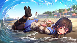  arms_behind_back ass bad_id bad_pixiv_id ball_gag beach beach_umbrella black_legwear blue_skirt blue_sky blush bondage bondage bondage bound bound_arms bound_legs bound_wrists breaking_wave breasts brown_eyes brown_hair check_commentary commentary_request day drooling feet female from_side full_body gag gagged highres himino_seika himitsu_(hi_mi_tsu_2) hogtie legs_together legs_up long_hair long_sleeves looking_at_viewer lying miniskirt no_shoes on_ground on_stomach original outdoors pantyhose people restrained rope saliva sand school_uniform serafuku shibari_over_clothes skirt sky small_breasts soles solo_focus splashing tearing_up tears twitter_username umbrella water waves wet wet_clothes wiffle_gag 