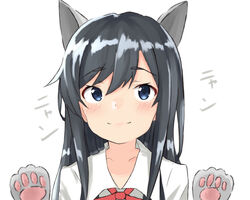  animal_ears animal_hands asashio_(kancolle) asashio_kai_ni_(kancolle) black_hair blue_eyes cat_ears commentary_request dress_shirt female gloves kantai_collection long_hair neck_ribbon paw_gloves red_ribbon ribbon shirt simple_background smile solo soujou_motona split_mouth upper_body white_background white_shirt 