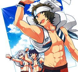  3boys abs alternate_costume arm_up blue_eyes bracelet clenched_hand cloud cloudy_sky commentary_request day enjoji_michiru green_hair grey_hair groin headset idolmaster idolmaster_side-m jacket jewelry kizaki_ren looking_at_viewer male_focus multiple_boys oerba_yun_fang open_clothes open_jacket ponytail sky sweat sweatband taiga_takeru tan the_kogado_(idolmaster) topless_male wen_(panda) wristband yellow_eyes 