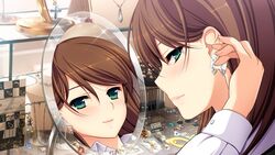  brown_hair earrings female female game_cg green_eyes hatsukoi_1/1 jewelry koizumi_amane mirror reflection solo tokizaki_maya 